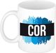 Bellatio Decorations Cor naam cadeau koffie mok - beker - met blauw verfstrepen - Cadeau collega - vaderdag - verjaardag - meester - coach - 300 ml - wit