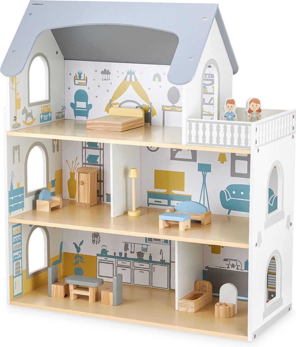 Mamabrum Houten Poppenhuis met Terras en Accessoires, 3 Niveaus, 5 Kamers, Meubilair, Poppenspeelgoedset, 70 cm, Wit