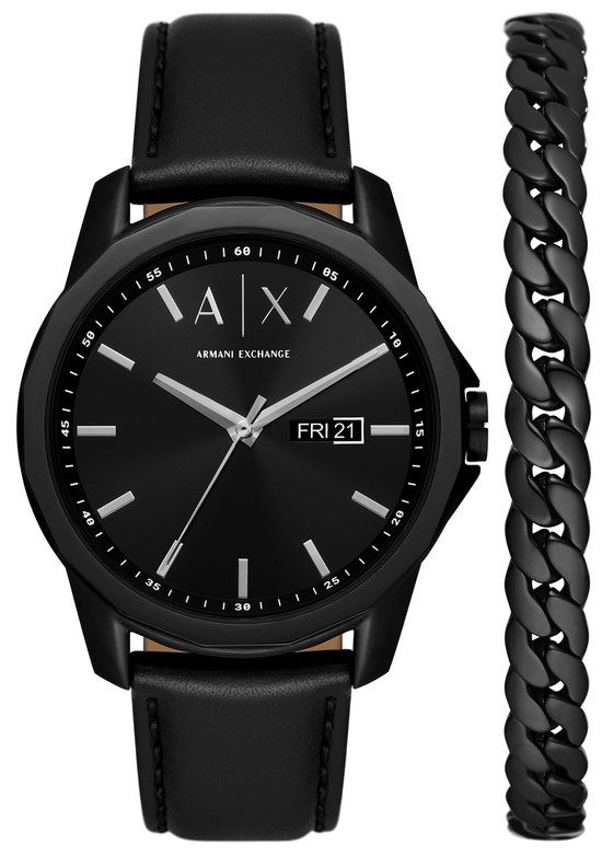 Armani Exchange AX7147SET Herenhorloge geschenkset Zwart Zwart Zilverkleurig Leer 44 mm 2023