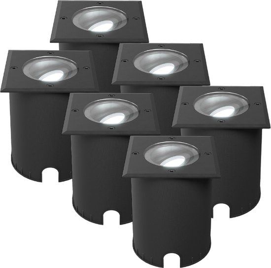 HOFTRONIC Set van 6 Cody LED Grondspots XL Zwart - Vierkant - Dimbaar en kantelbaar - IP67 Waterdicht - GU10 4.5W 345 Lumen - 6500K Daglicht wit