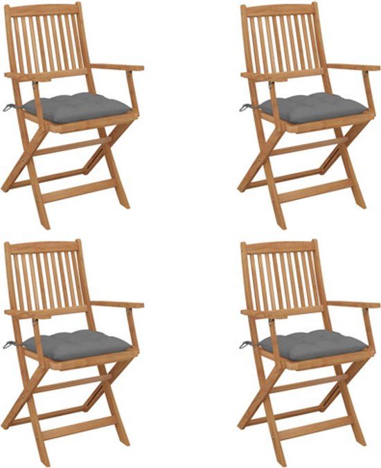 vidaXL Set van 4 klapstoelen met kussens, massief acaciahout, grijs