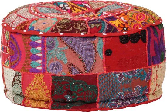 vidaXL Poef Patchwork Rond Handgemaakt Katoen Rood 40x20 cm