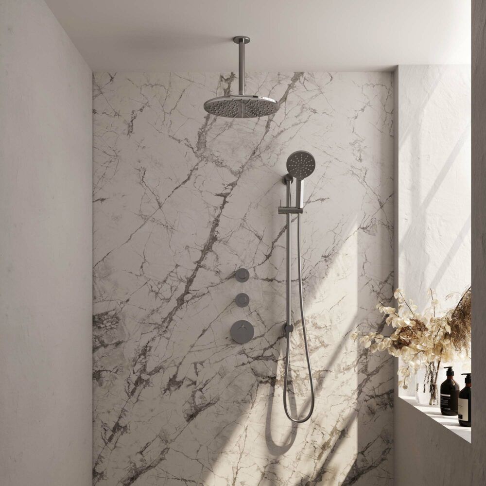 Brauer Chrome Carving thermostatische inbouw regendoucheset 20cm plafondarm met 30cm ronde hoofddouche 3 standen ronde handdouche 150cm gladde doucheslang met glijstang en handdouchehouder Chroom