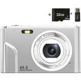 Aiorber Draagbare digitale camera, compact 32 GB, gebruiksvriendelijk, 48 MP, HD-scherm, zoomlens, IPS-scherm, zilverkleurig
