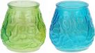 Merkloos Windlicht geurkaars - 2x - blauw/groen glas - 48 branduren - citrusgeur