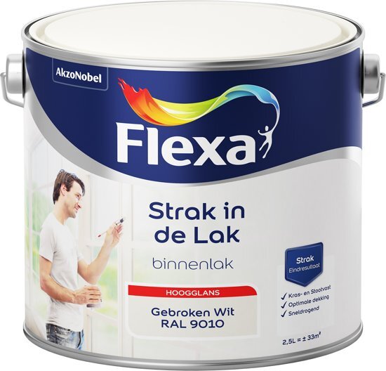 FLEXA Strak in de Lak - Watergedragen - Hoogglans - gebroken wit RAL 9010 - 2 5 liter