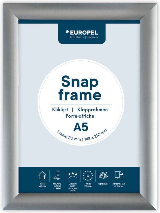 Europel Kliklijst – Posterlijst – A5 – 14,8 x 21 cm – 25mm – Aluminium – Zilver