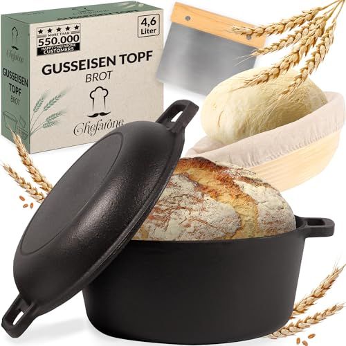 Chefarone Gietijzeren Pan 4,6 L - Braadpan voor alle Warmtebronnen - Broodbakbol voor Brood Bakken - Inductie Sudderpan - Broodpan Ø24CM - Kookpan Inclusief Deksel, Spatel en Rijsmand - BBQ Cast Iron Zwart - Tot 300°C - Cadeau voor Vrouwen