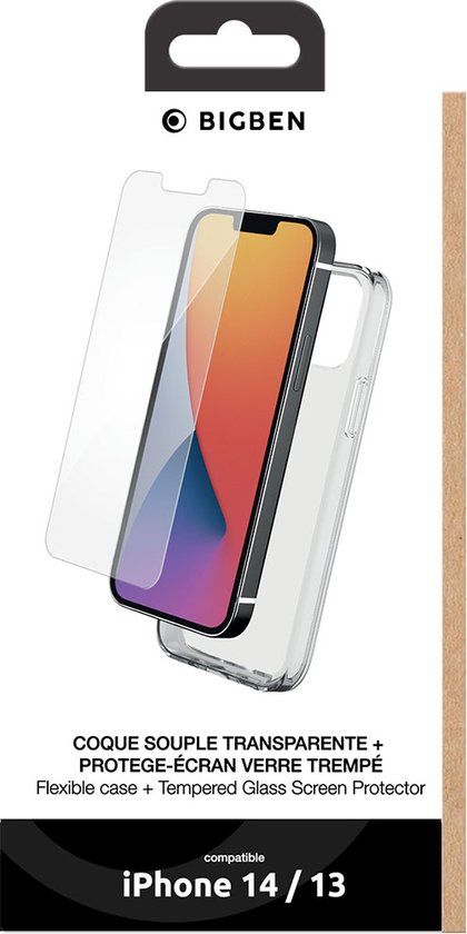 Bigben Connected, Hoesje geschikt voor Apple iPhone 14 - TPU met Tempered Glass Screenprotector, Transparant
