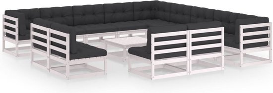 The Living Store Loungeset Grenenhout - Hoekbank - Middenbank - Tafel - Wit - 70 x 70 x 67 cm - Inclusief kussens