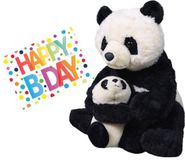 Wild Republic Pluche knuffel panda beer met baby 38 cm met A5-size Happy Birthday wenskaart - Verjaardag cadeau setje