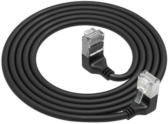 ACT Zwarte 1,5 meter U/FTP CAT6A LSZH Slimline patchkabel met RJ45 connectoren 90° haaks beneden naar 90° haaks boven DA7951