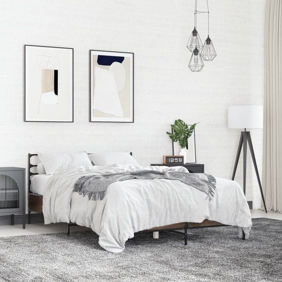 vidaXL Bedframe Bewerkt Hout Metaal Bruin Eikenkleur 135x190 cm