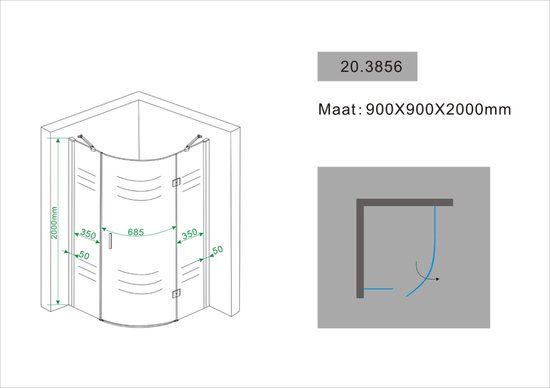 Mueller Douchecabine Nano Kwartrond Rechts 90x90x200cm - Draaideur - 8mm Glas