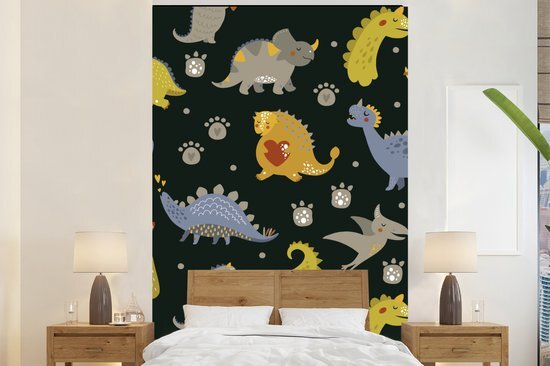 Nr1Wallpaper Behang - Fotobehang Kinderillustratie met dinosaurussen op een zwarte achtergrond - Breedte 155 cm x hoogte 240 cm