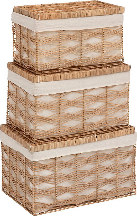 Atmosphera Rosy Stro manden set van 3 stuks - 59x37x40cm - Rotan