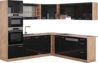 Vicco Cuisine d'angle R-Line, Noir laqué/Chêne doré, 247 x 237 cm, WB Chêne