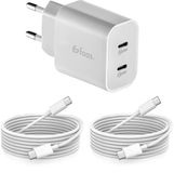Faas USB C Oplader - Snellader - 40W - 2x 20W Poort - 2x 1.5 meter USB C naar USB C Kabel - Wit
