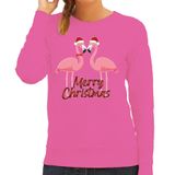 Bellatio Decorations Foute Kersttrui / sweater voor dames - Merry Christmas - flamingo - roze - tropische kerst - dieren XS