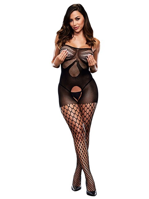 Baci Lingerie Jacquard kruisloze bodystocking met visnet kousen Maat: One Size