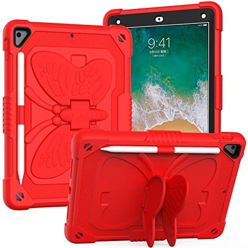 Spzhike Beschermhoes voor iPad 9,7 inch 5e / 6e Gen 2018/2017 met penhouder, robuust, schokbestendig, met schouderriem en vlinderhouder voor iPad 9,7 inch, rood