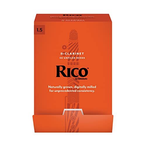 D'Addario Rico Bb Clarinet Reeds - Riet voor klarinet - Dunnere Vamp Cut & Unfiled voor het gemak van spelen, traditionele blanco voor helder geluid - klarinet riet 1.5 sterkte, 50-pack