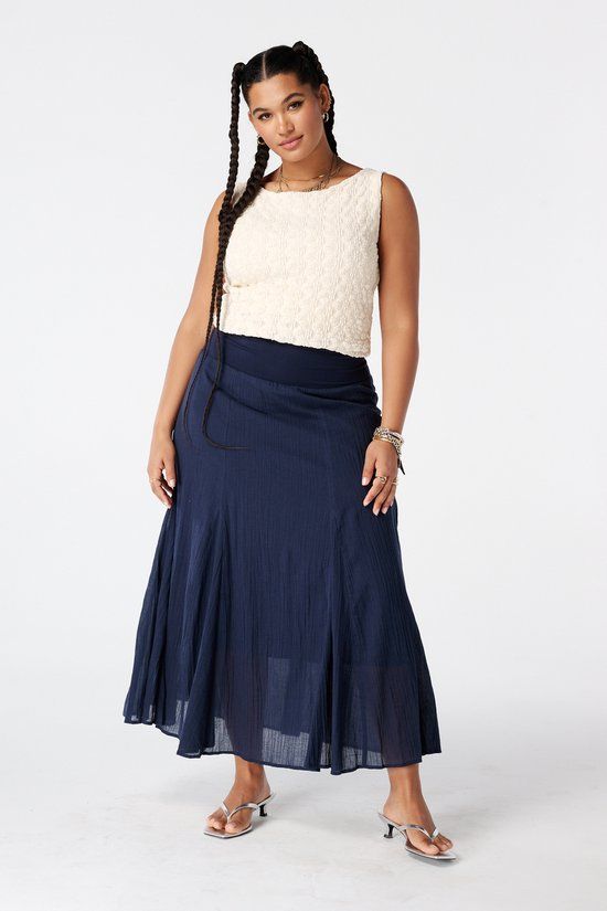 MS Mode Rok Maxi uitlopende rok Navy blauw Katoen Maat 50