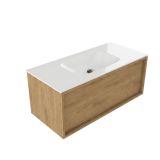 Saniclass Holz Frame Badkamermeubelset - 100x45x41.5cm - Flow solid surface wastafel wit - 1 wasbak - zonder kraangat - 1 lade - mat eiken natural (hout) SW1420769/SW1224149