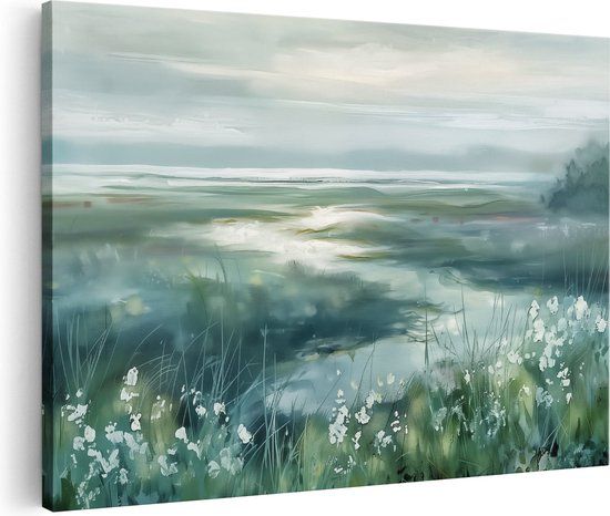 Artaza Canvas Schilderij Moeras met Witte Bloemen - 120x80cm - Canvas Print