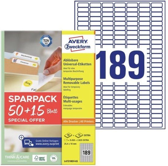 Avery L4731REV-65 Universele etiketten 25.4 x 10 mm Papier Wit 65 vellen