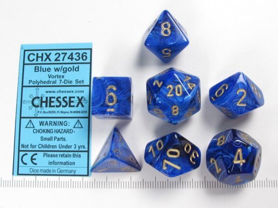 Chessex dobbelstenen set 7 polydice Vortex blue w/gold