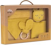 Set: mora ferre e Hijos SL Baby Geschenkset Doudou bijtring zeverslab geboorte kraamcadeau feestdagen mosterd geel