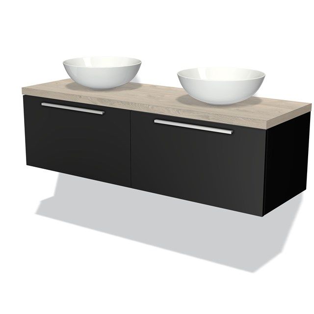Maxaro Badkamermeubel voor Waskom 140cm Modulo Plato Mat Zwart 2 Lades Vlak Lichtgrijs Eiken Blad