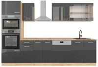 Vicco R-Line Unité de cuisine complète – 300 cm avec armoire haute, sans plan de travail Anthracite laqué brillant/chêne doré