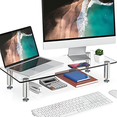 FITUEYES Monitor Stand Glas Transparante Hoogte Verstelbare PC Laptop Computer Screen Riser 56x24x9.5cm DT105601GC