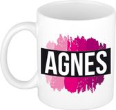 Bellatio Decorations Agnes naam cadeau koffie mok - beker - met roze verfstrepen - Cadeau collega - moederdag - verjaardag - juf - coach - 300 ml - wit