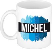 Bellatio Decorations Shoppartners Bv Michel naam cadeau koffie mok - beker - met blauw verfstrepen - Cadeau collega - vaderdag - verjaardag - meester - coach - 300 ml - wit
