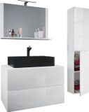 VCM meuble de salle de bain 4 pièces Lendas-BL avec miroir, colonne, meuble sous lavabo et vasque - Blanc/Noir