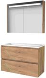 Basic Line Premium 46 Badkamermeubelset - 100 x 46 cm - Greeploos - 2 Lades - Acryl Wastafel - 1 Kraangat - Spiegelkast met LED Verlichting - Whisky Oak