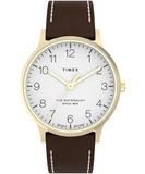 Timex Waterbury 40 mm herenhorloge - bruin lederen tweedelige band met snelsluiting, witte wijzerplaat, goudkleurige kast, TW2W84400