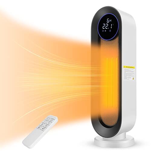 COOCHEER Keramische ventilatorkachel, 2000 W, 3 modi, thermostaat, 12-uurs timer, kantelbeveiliging, 100 graden oscillatieverwarming, voor thuis en op kantoor, wit groot scherm