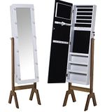 DRW Staande sieradenspiegel van hout met neonlichten in wit en natuur, 40 x 37 x 155 cm, INT. 25 x 109 cm