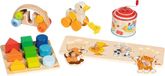 goki 6561 Cadeauset Mijn eerste spellen – 5-delige houten speelgoedset voor kinderen vanaf 12 maanden met grijpvoertuig, trekdier eend, muziekspeeldoos, steekpuzzel en sorteerbord voor kleuren en