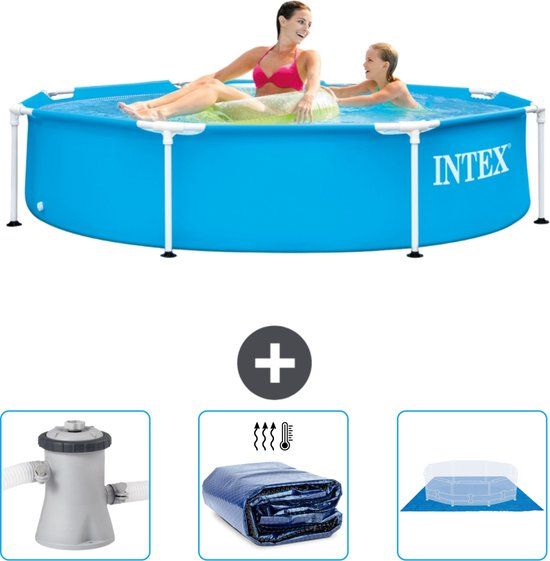 Intex Metal Frame Zwembad - 244 x 51 cm - Blauw - Inclusief Filterpomp, Grondzeil & Solarzeil
