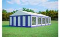 Tente de réception 5x10 m PREMIUM – PVC 500 g/m², ignifuge, cadre au sol + renforts de toit, jusqu'à 100 personnes - Bleu-blanc