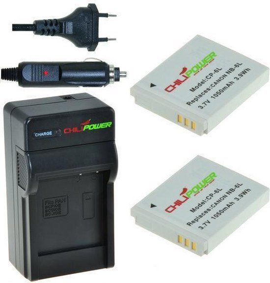 ChiliPower 2 x NB-6L Accu's voor Canon - incl. Oplader & Autolader - 1300 mAh
