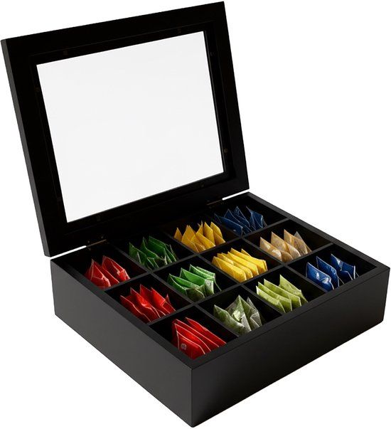 Merkloos Relaxdays Theedoos - Zwart - Bamboe - 12 Vakjes - 28x8x23 cm