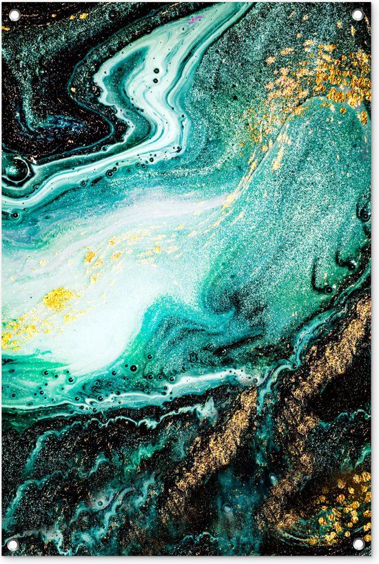 GreatGardenPosters Tuinposter buiten Marmerlook - Blauw - Goud - Glitter - Luxe - Marmer - 60x90 cm - PVC - Rechthoek