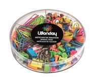 Assortiment bevestigingen: 80 paperclips 28 mm, 25 gigantische paperclips, 150 punaises, 40 push pins, 10 dubbele clips, 15 g bijpassende elastiekjes