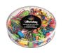 Assortiment bevestigingen: 80 paperclips 28 mm, 25 gigantische paperclips, 150 punaises, 40 push pins, 10 dubbele clips, 15 g bijpassende elastiekjes